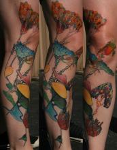 Vangel Naumovski inspired leg tattoo by Kevin Riley at Studio One Tattoo Norwood PA Philadelphia