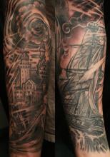 Ship and Castle tattoo by Kevin Riley at Studio One Tattoo Norwood PA Philadelphia